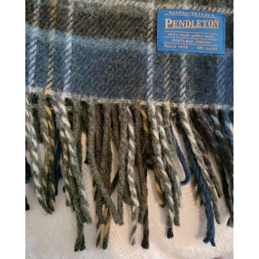 Pendleton 100% Pure Virgin Wool Throw Blanket Blue Green Plaid Tartan Fringe
